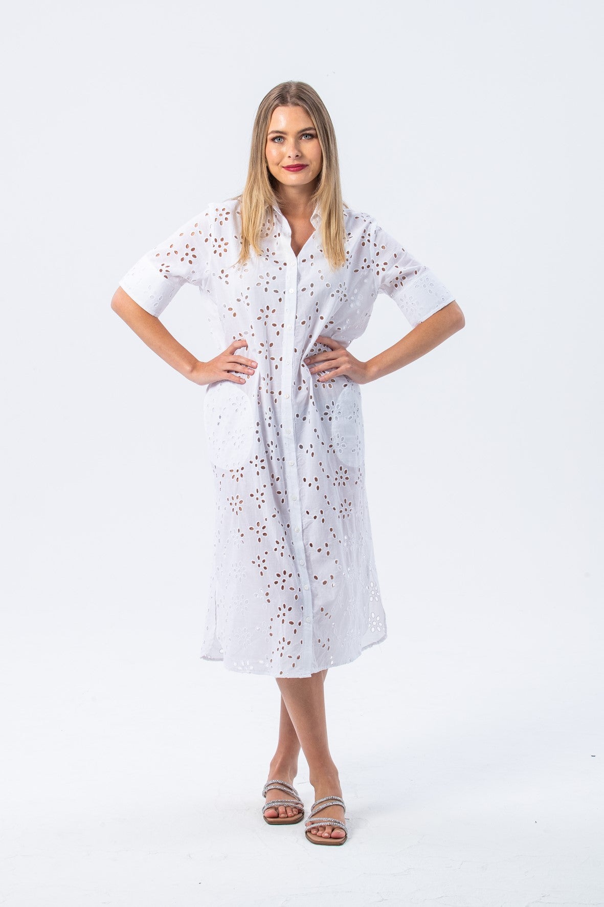 Tahiti Shirt Dress - White Anglaise