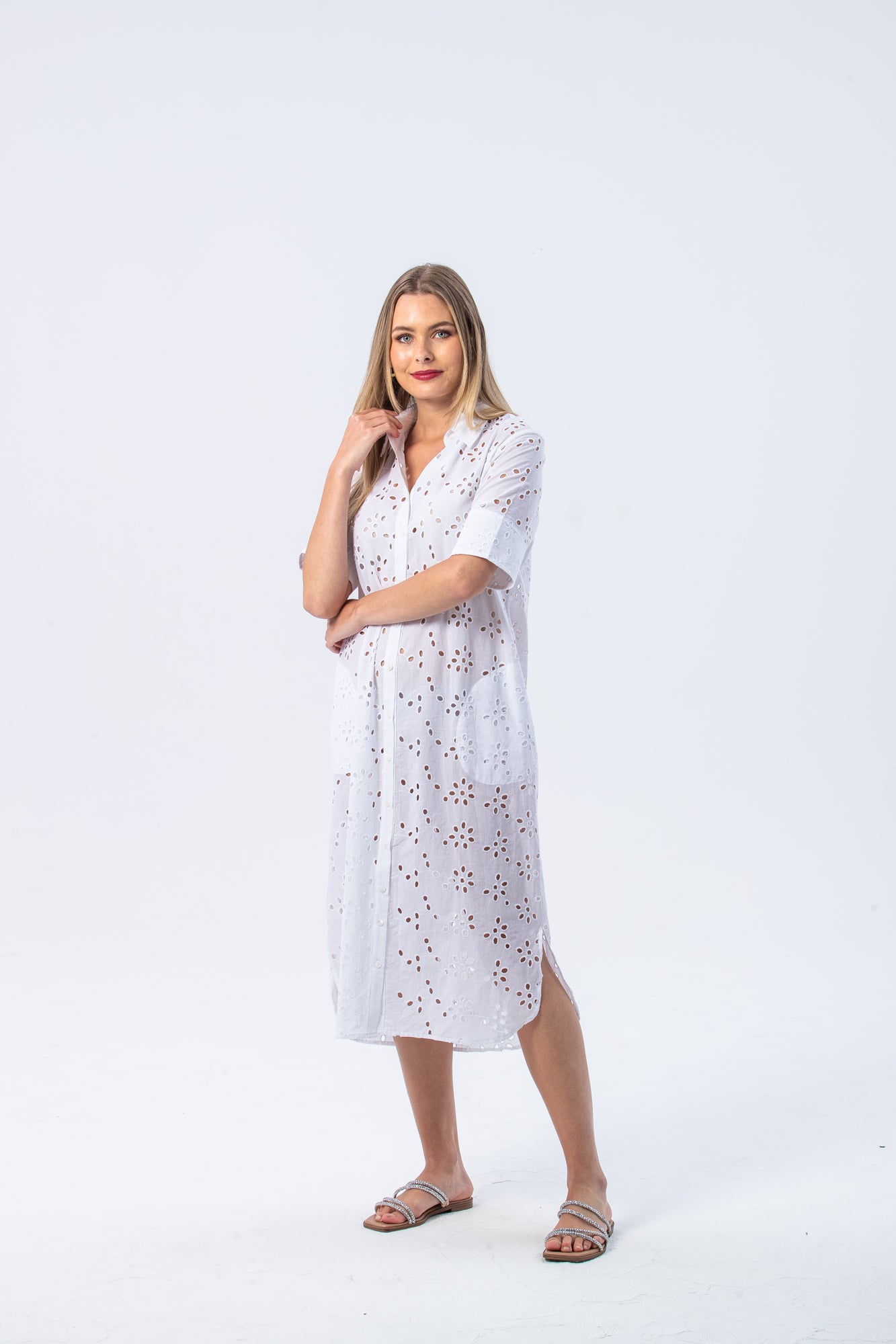 Tahiti Shirt Dress - White Anglaise