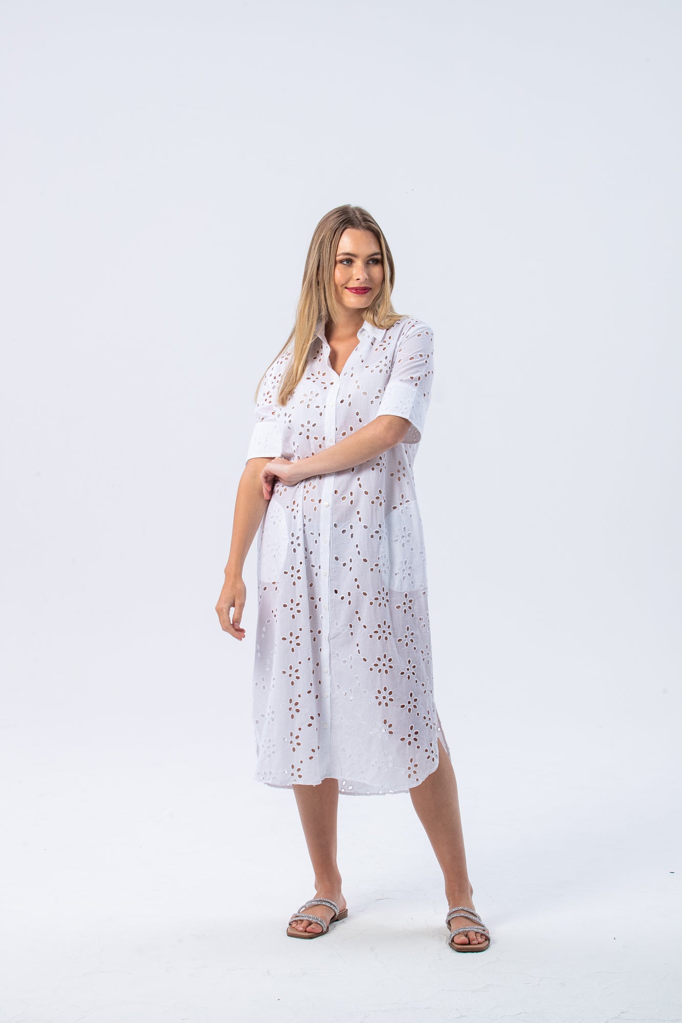 Tahiti Shirt Dress - White Anglaise