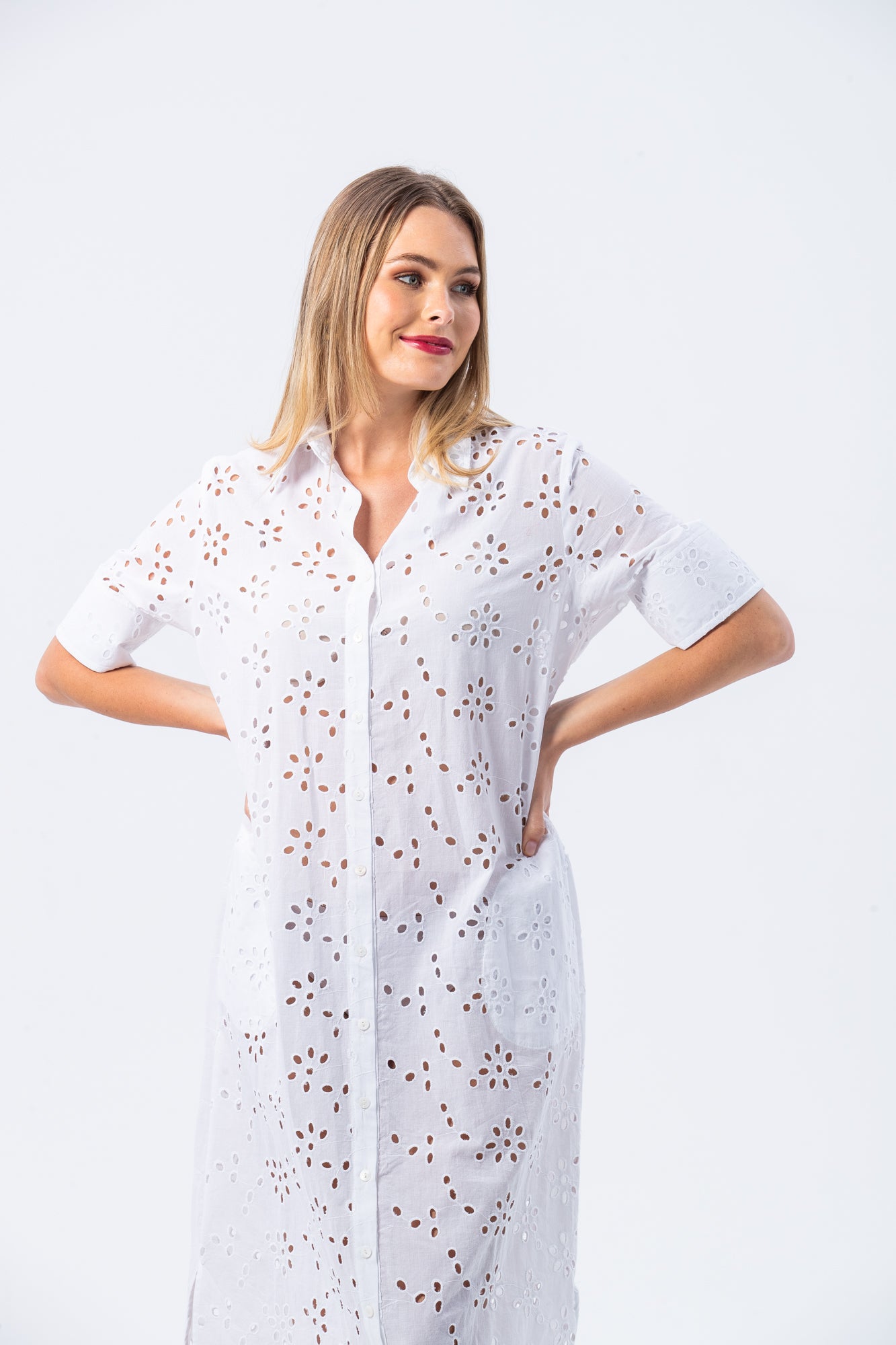 Tahiti Shirt Dress - White Anglaise