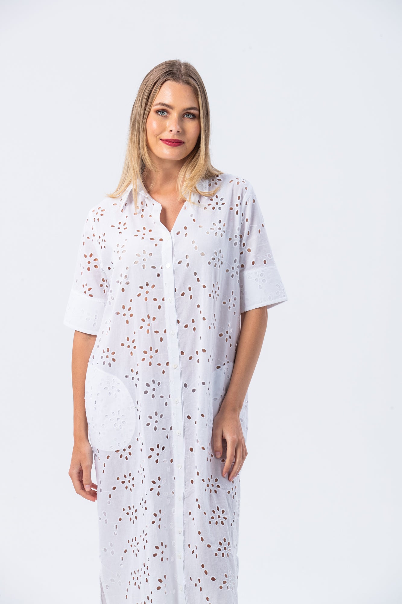Tahiti Shirt Dress - White Anglaise