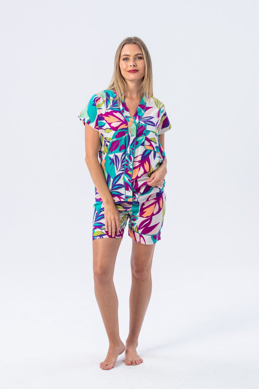 Short Mandarin Pyjama Set - Pink & turquoise