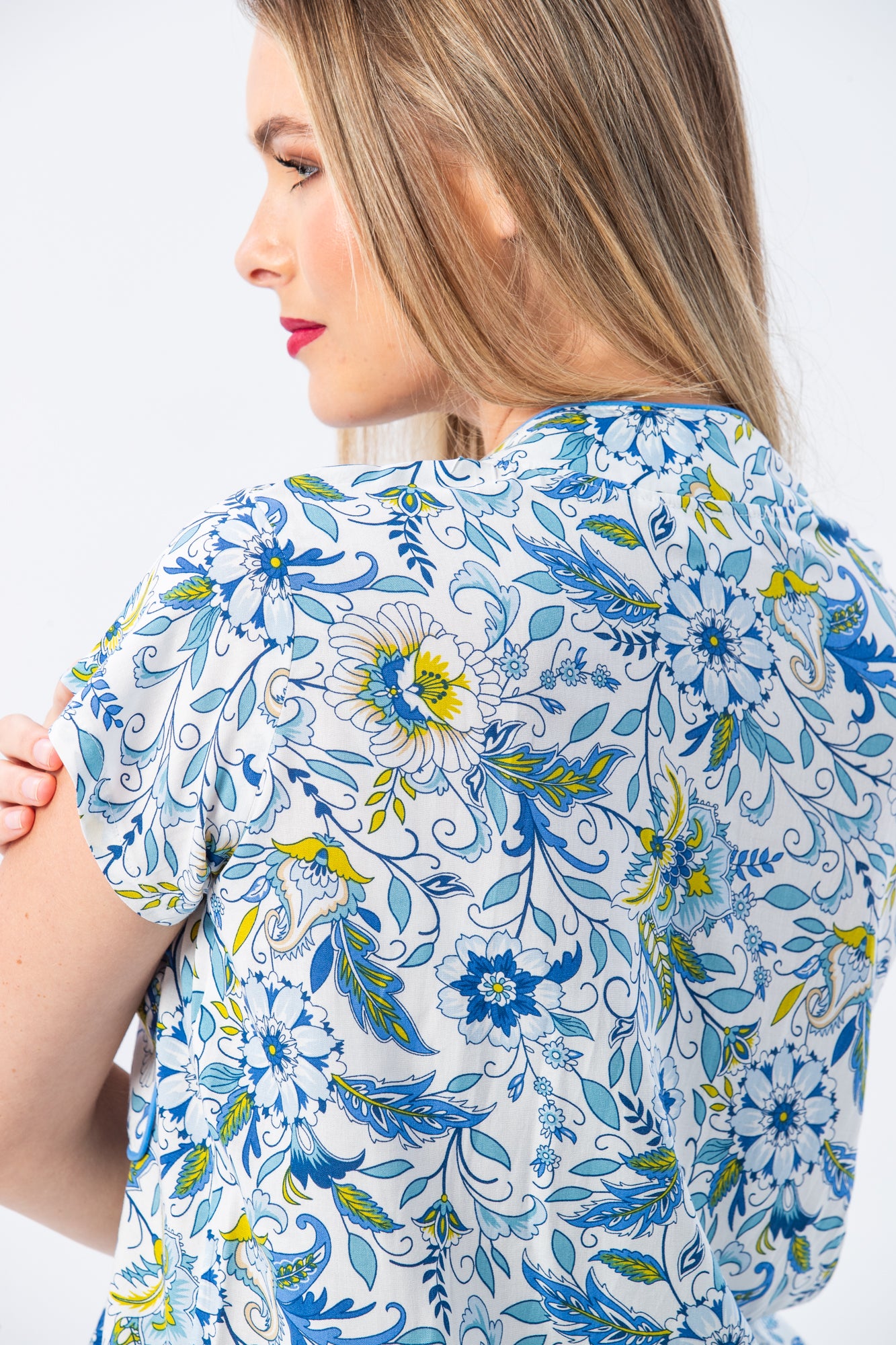 Short Mandarin Pyjama Set - Green & blue floral