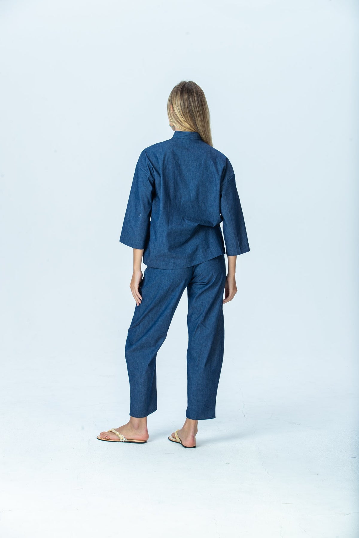 Parker denim barrel pants, back view full length with matching Kinsley shirt
