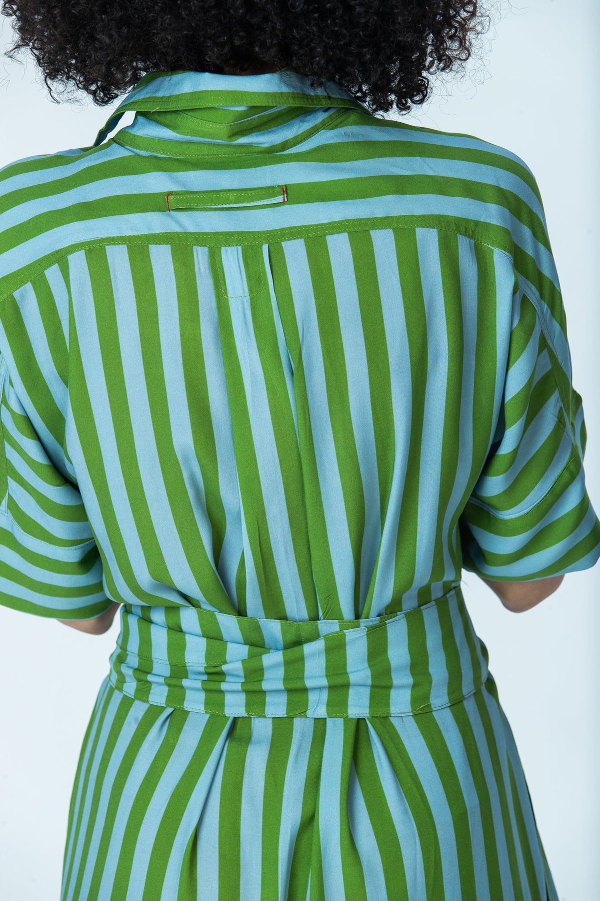 Hollis blue green stripe shirt dress, close up of back yoke and signature red thread