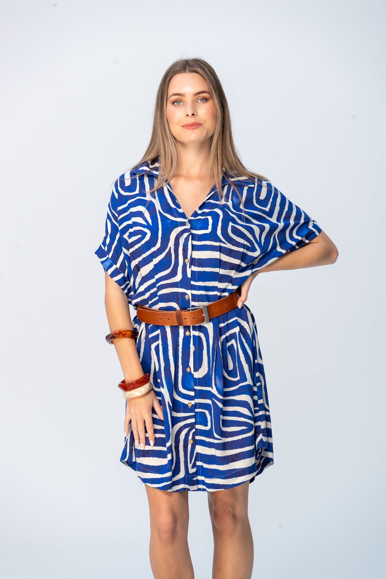 Celia Shirt Dress - Blue Geometric