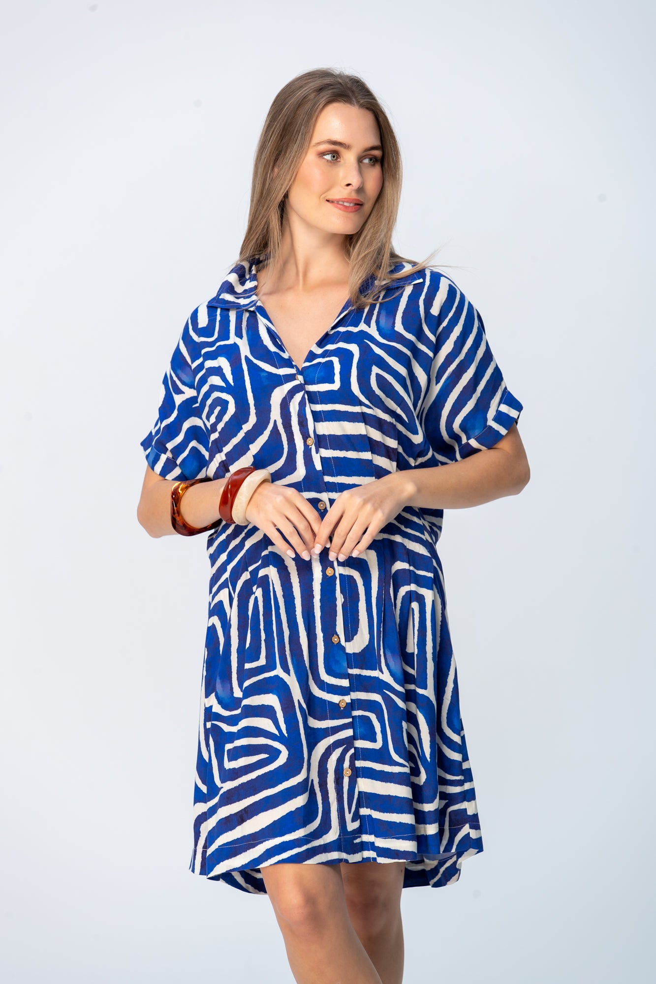 Celia Shirt Dress - Blue Geometric