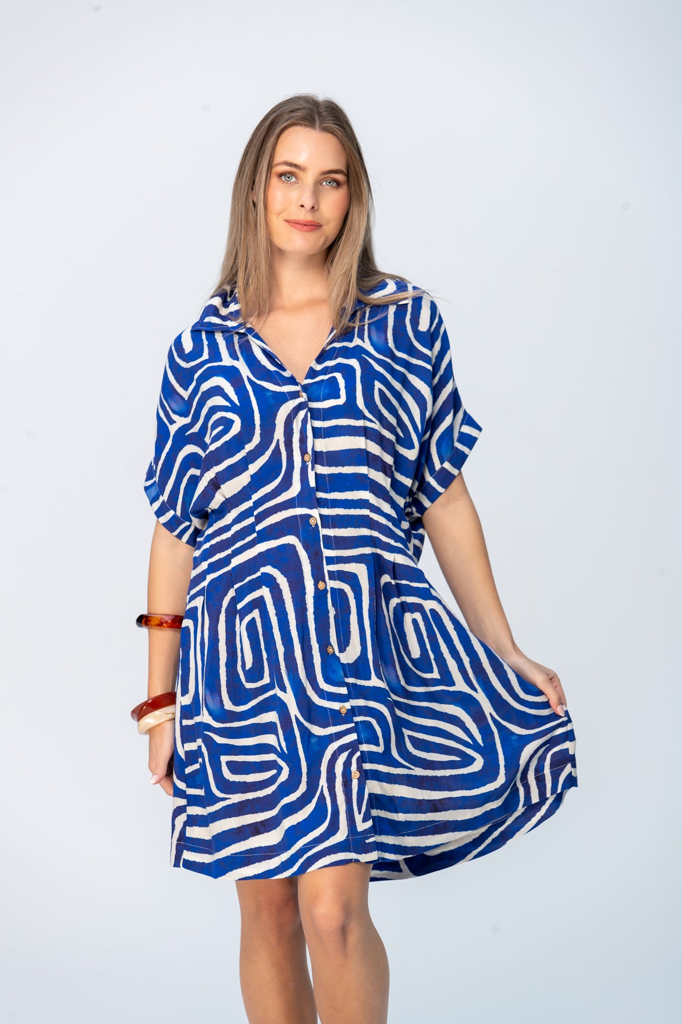 Celia Shirt Dress - Blue Geometric