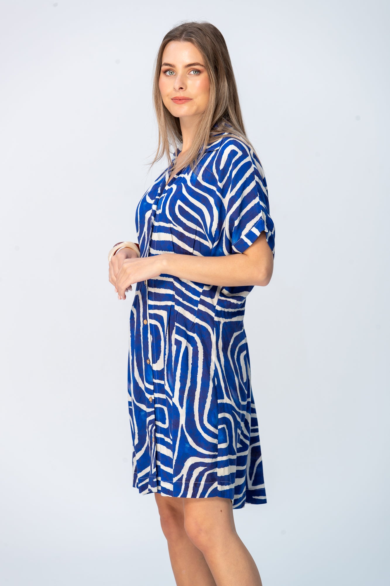 Celia Shirt Dress - Blue Geometric
