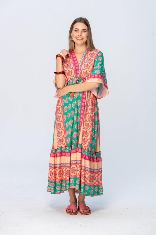 Georgia Kaftan Maxi Dress - Coral & Green