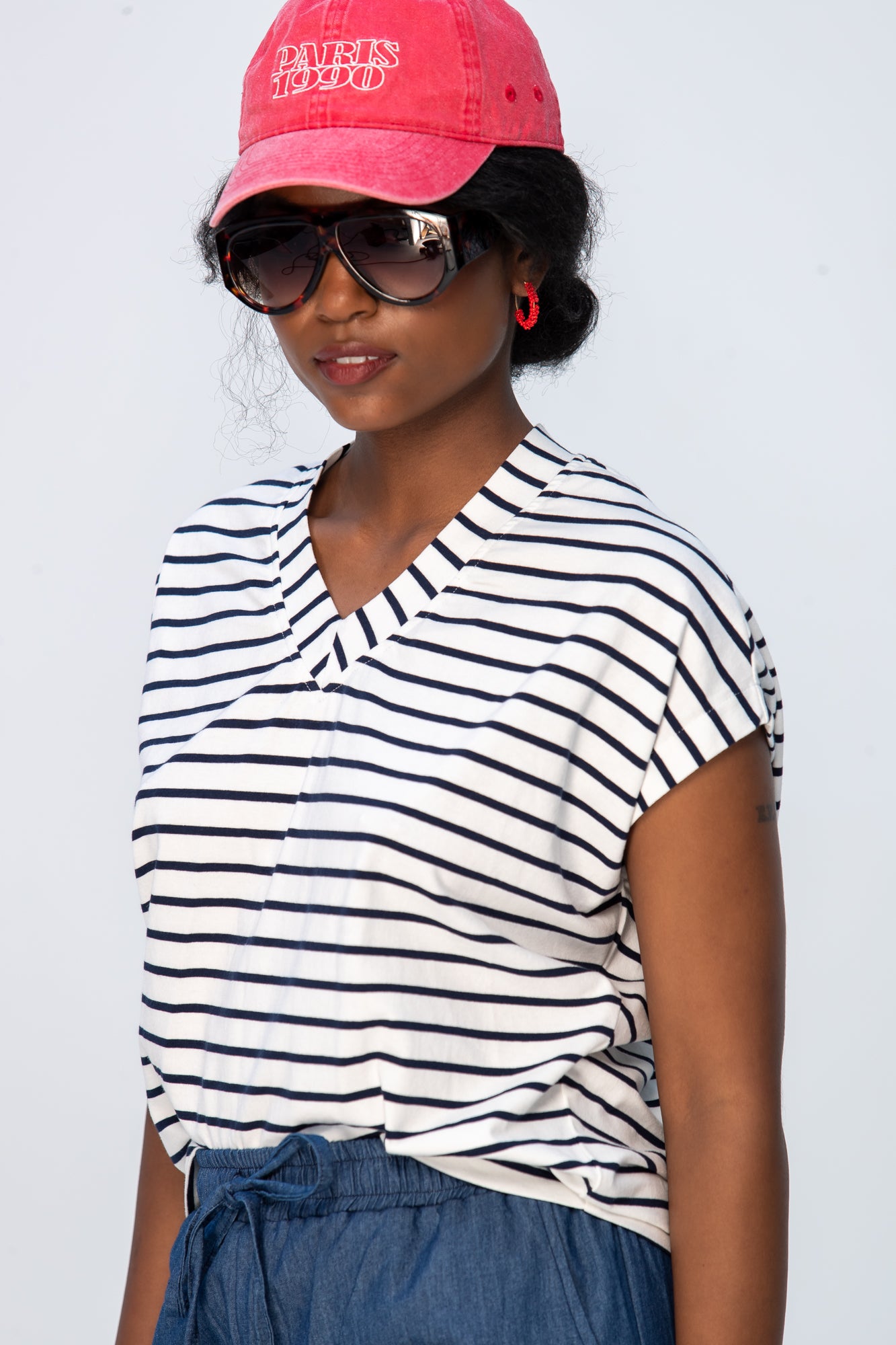 Corfu Summer V-Neck Tee - Navy & White Stripe