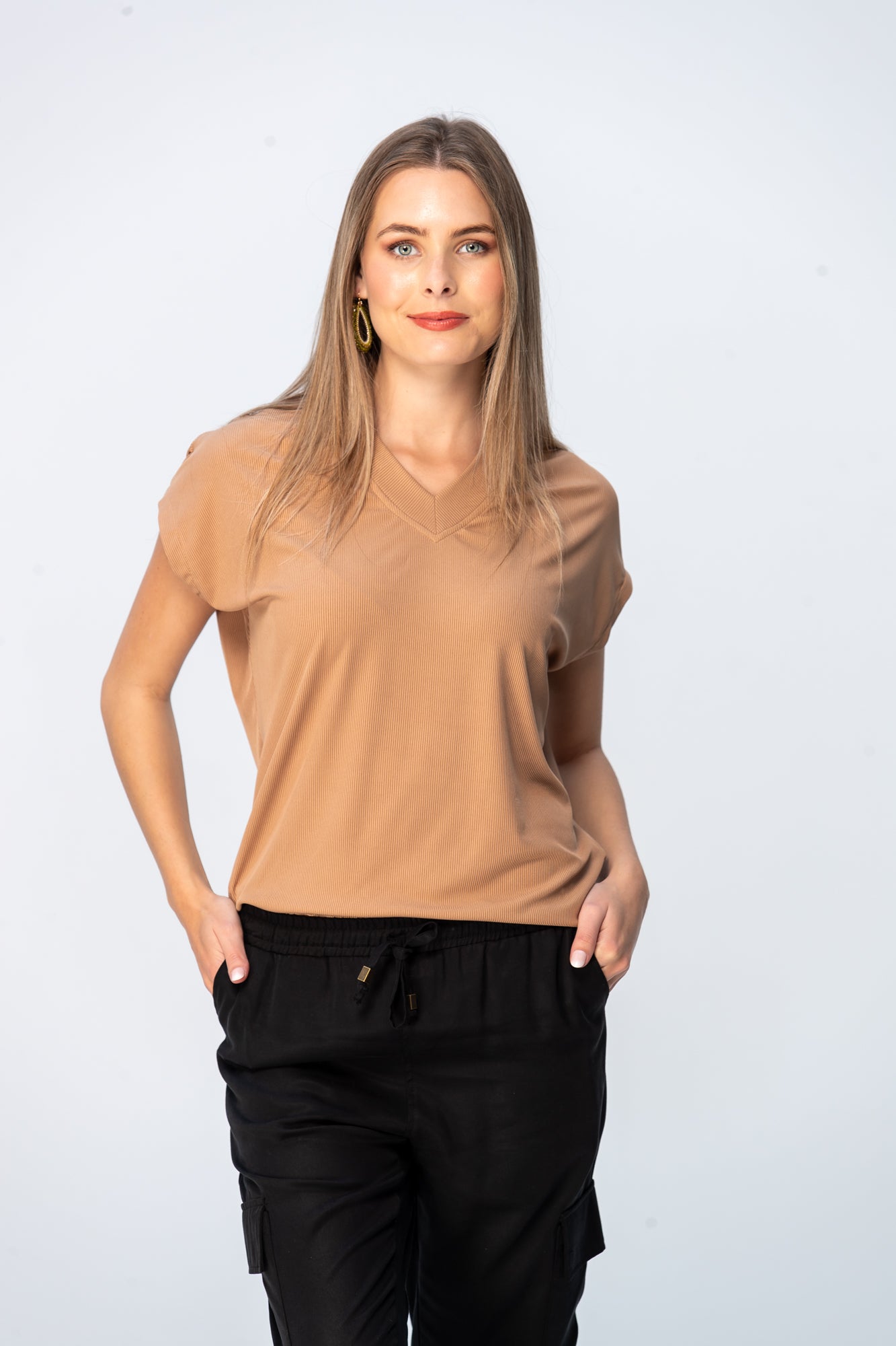 Corfu Summer V-Neck Tee - Camel