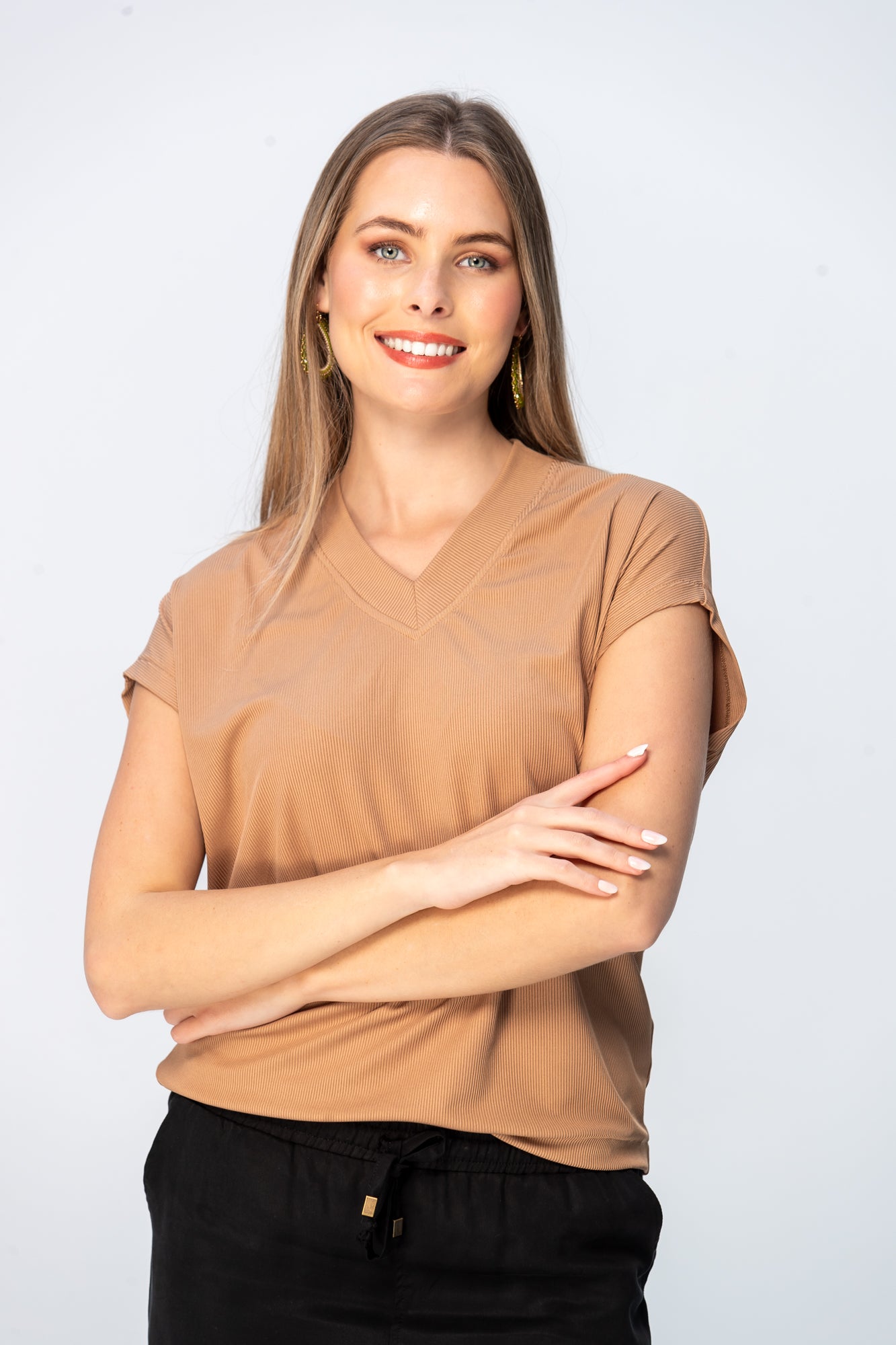 Corfu Summer V-Neck Tee - Camel