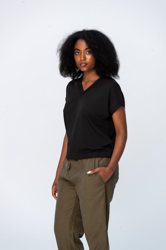 Corfu Summer V-Neck Tee - Black