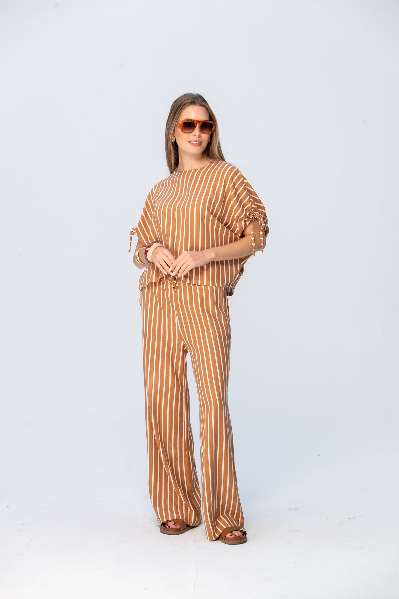 Sydney Wide Leg Pants - Camel and White Stripe