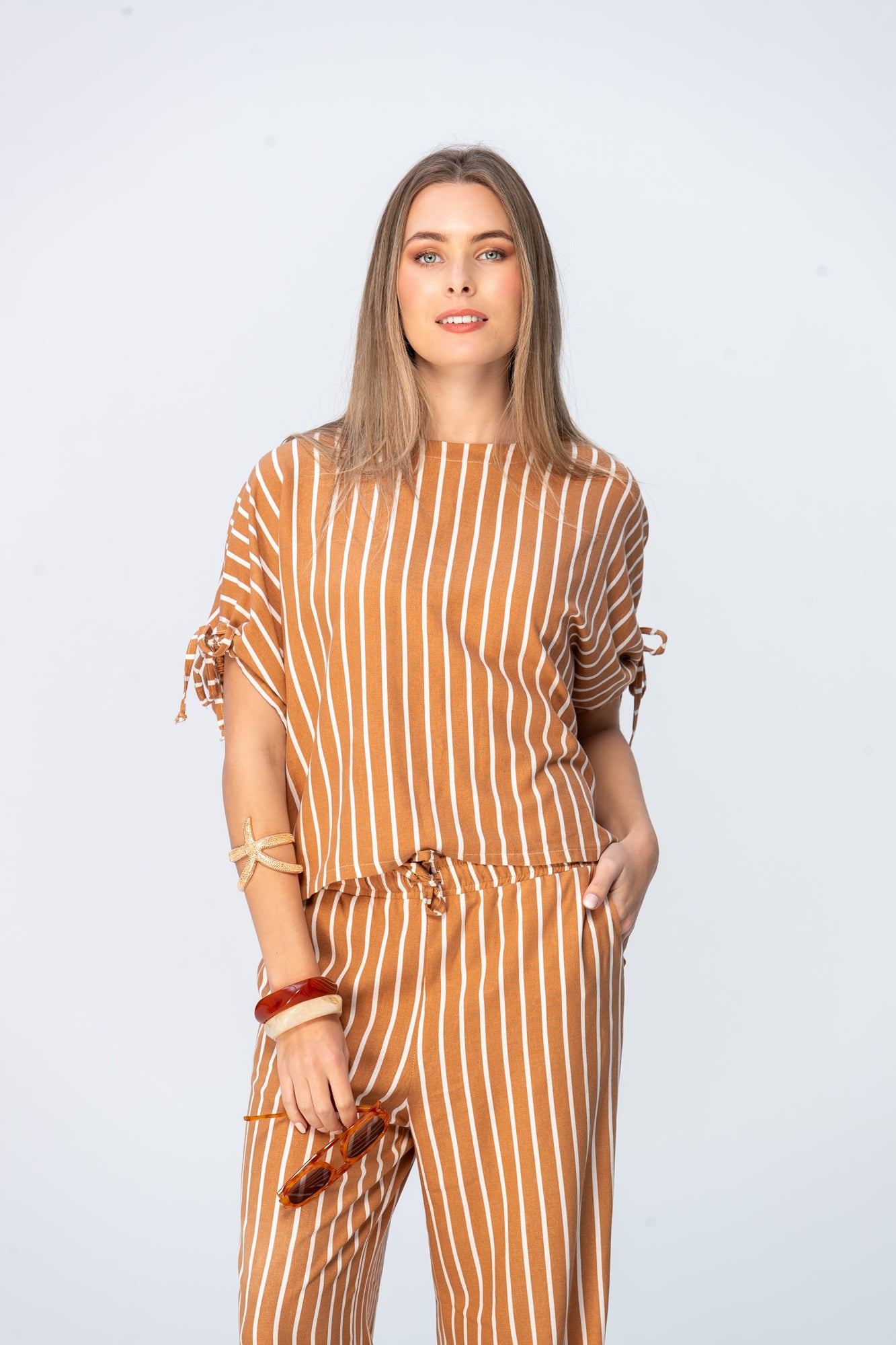 Serena Shirt - Camel and Tan Stripes