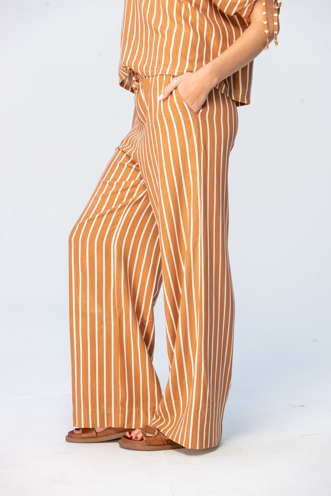 Sydney Wide Leg Pants - Camel and White Stripe