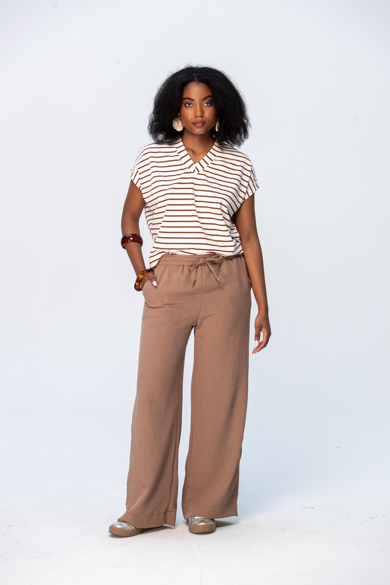 Corfu Summer V-Neck Tee - Chocolate & White Stripe