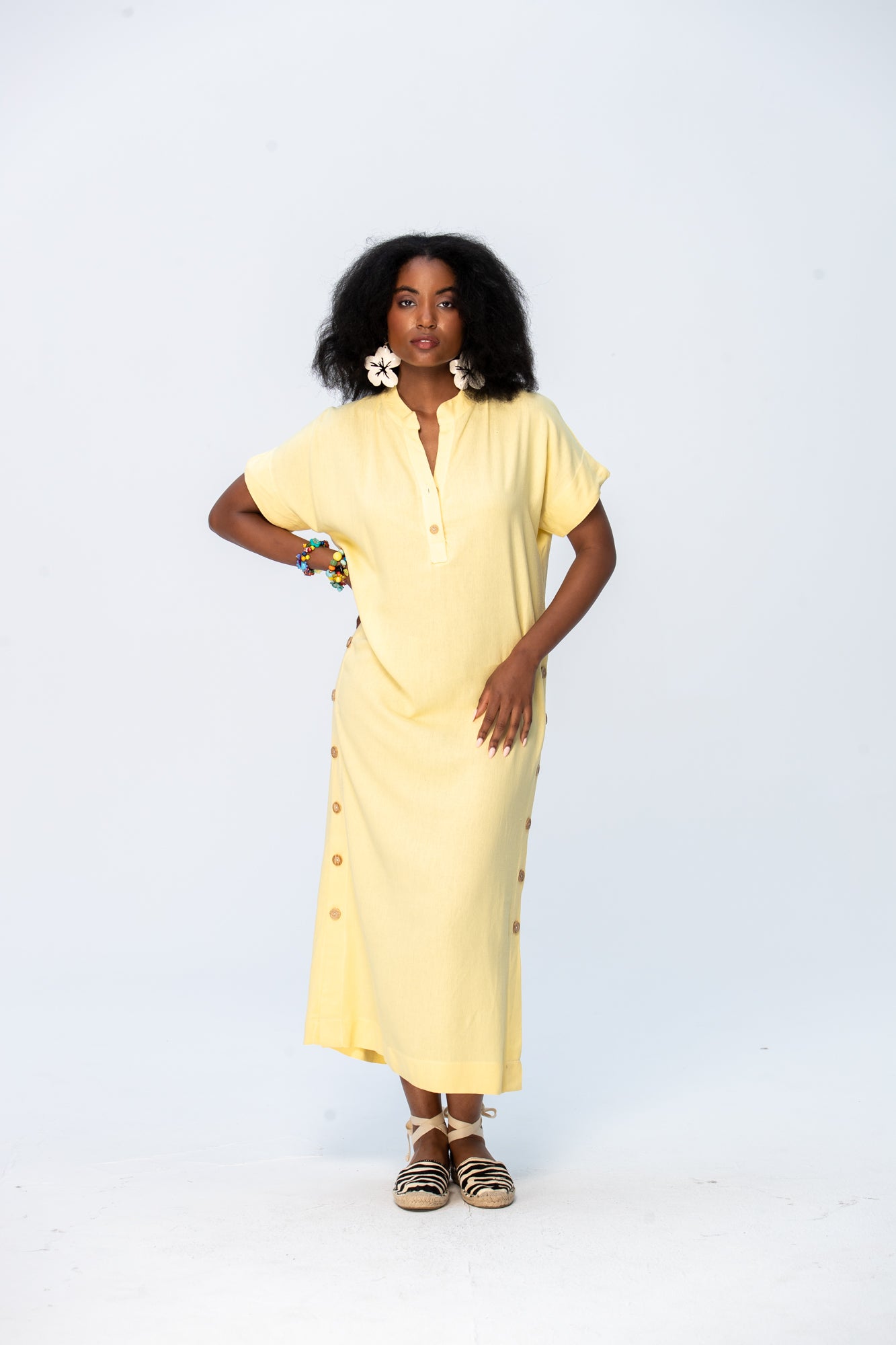 Iris Button Kaftan - Butter Yellow