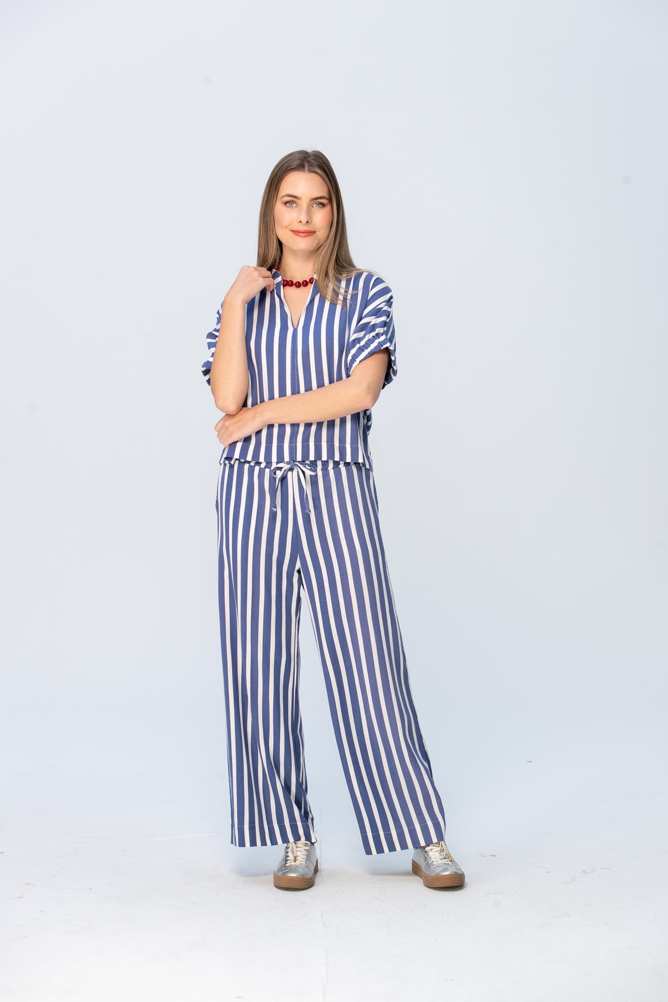 Sydney Wide Leg Pants - Blue and White Stripe