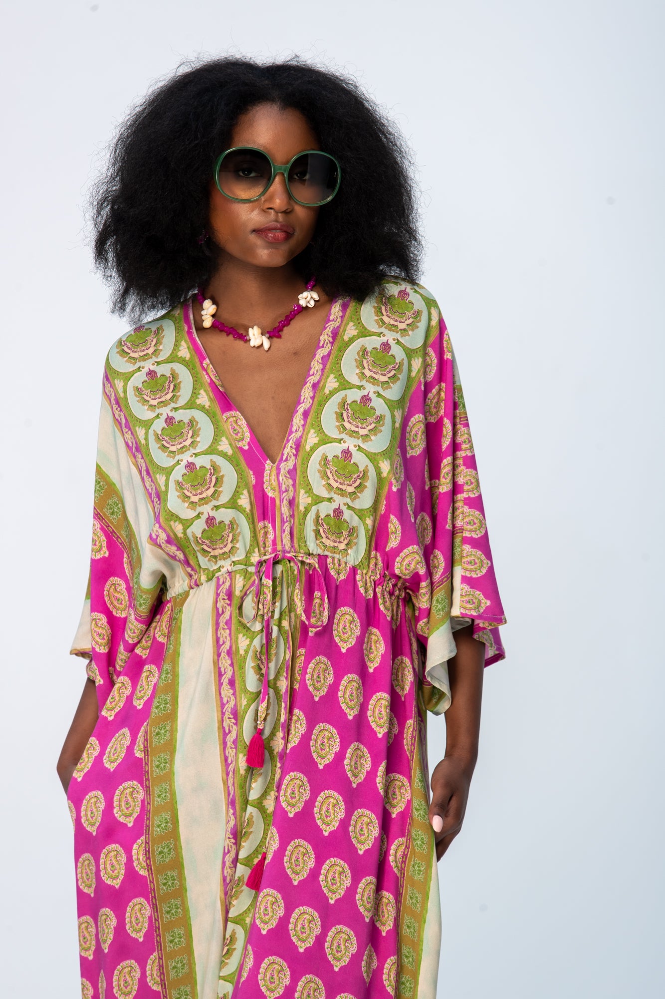 Georgia Kaftan Maxi Dress - Pink and Green