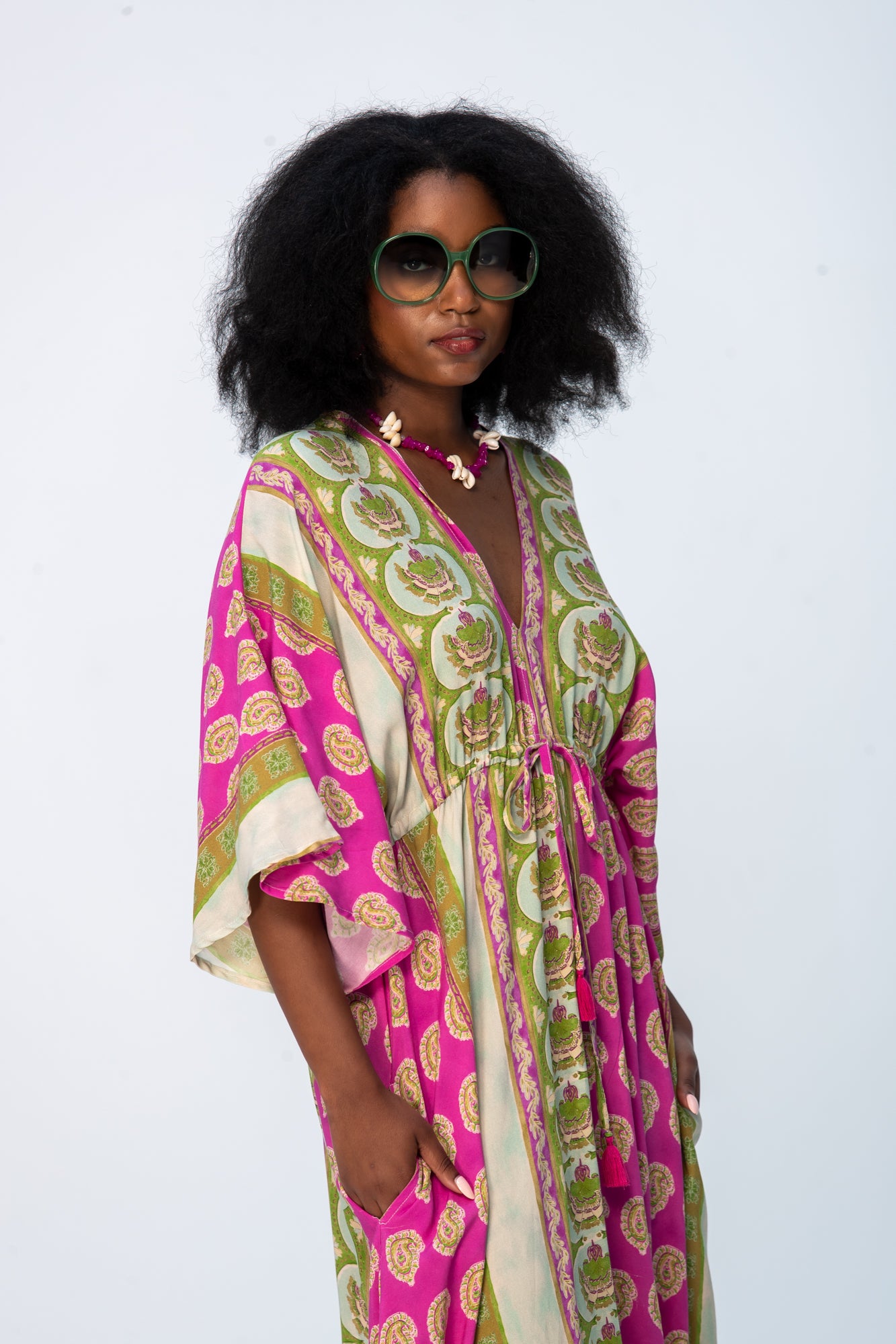 Georgia Kaftan Maxi Dress - Pink and Green