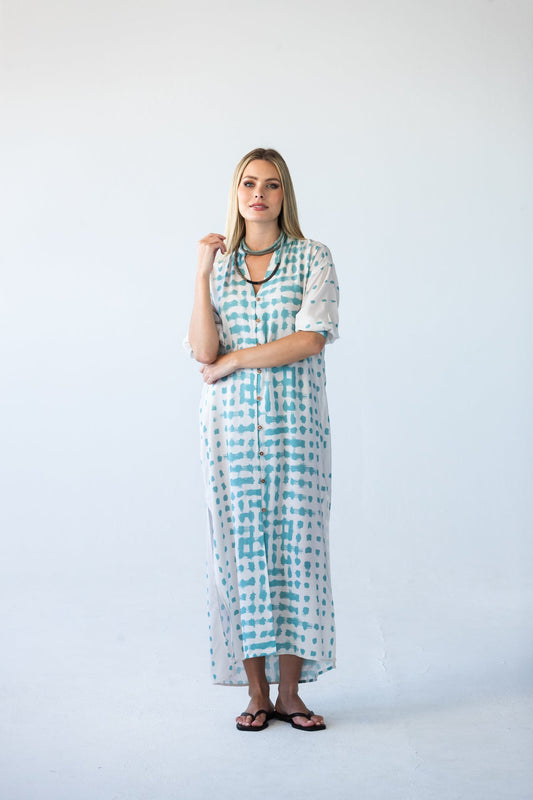 Bailey teal brushstroke kaftan, front view standing