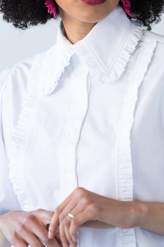 Claire frill shirt, close-up of frilled collar and button stand