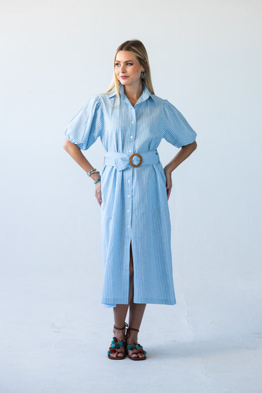 Harlow blue and white stripe shirt dress, front view with self-tie belt and showing puff sleeves in full
