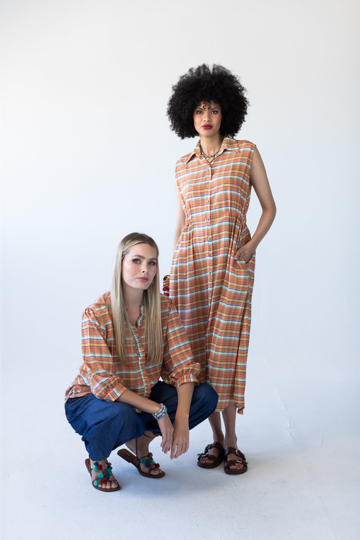 Darcy frill shirt and Sutton shirt-dress in matching orange check
