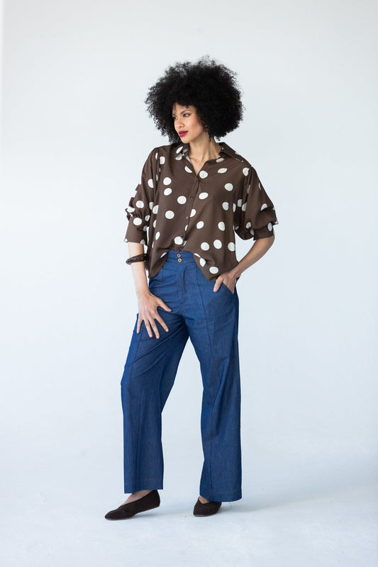 Blair wide leg denim pants, front view with hands in pockets