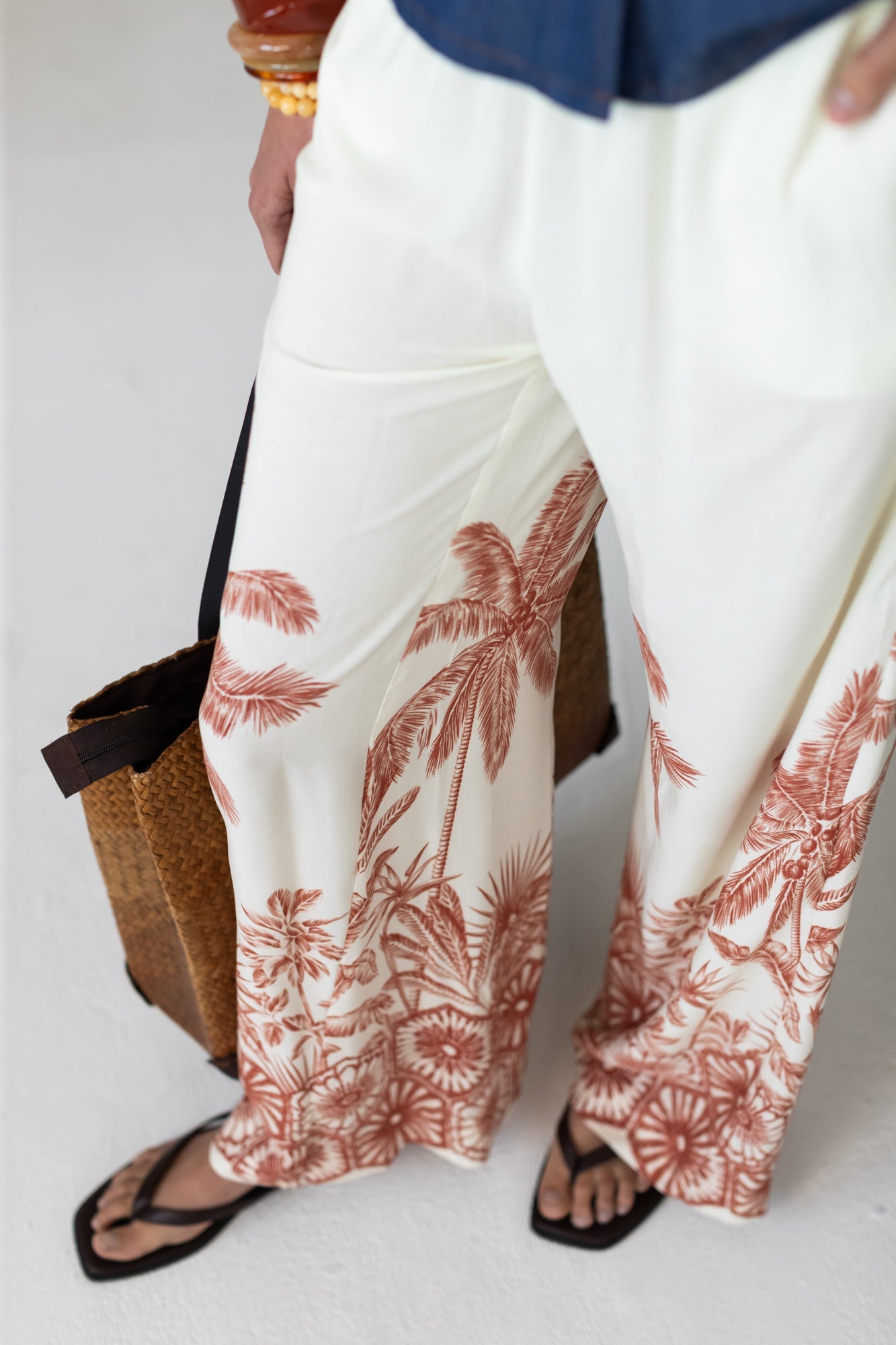 Sydney palm border wide leg pants, close up of palm border print detail