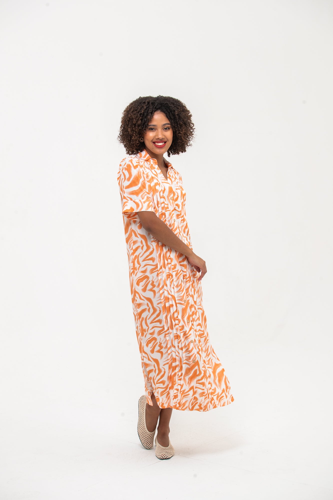 Santorini Pintuck Dress - Coral and White
