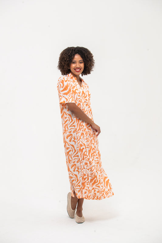 Santorini Pintuck Dress - Coral and White