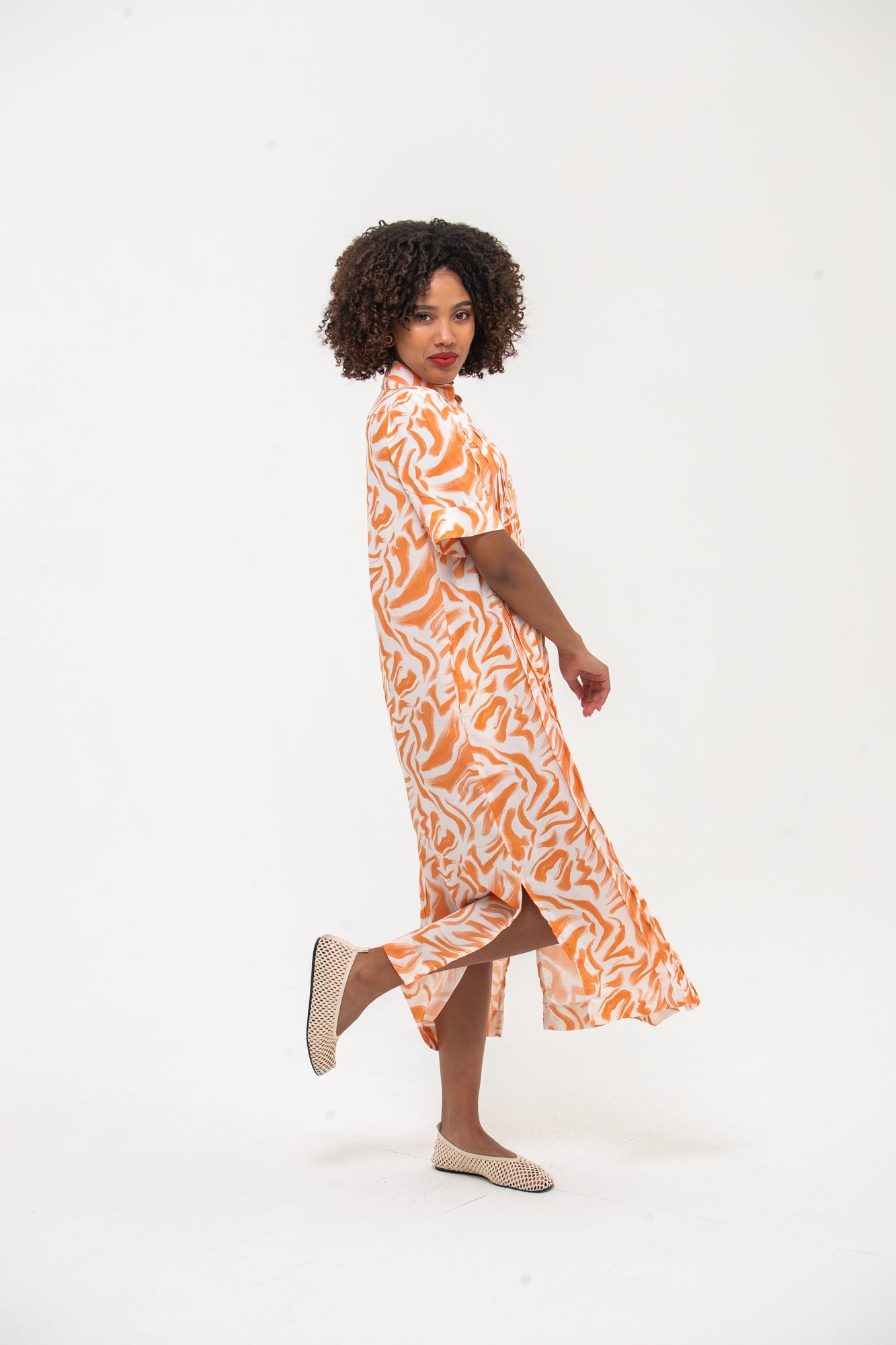 Santorini Pintuck Dress - Coral and White