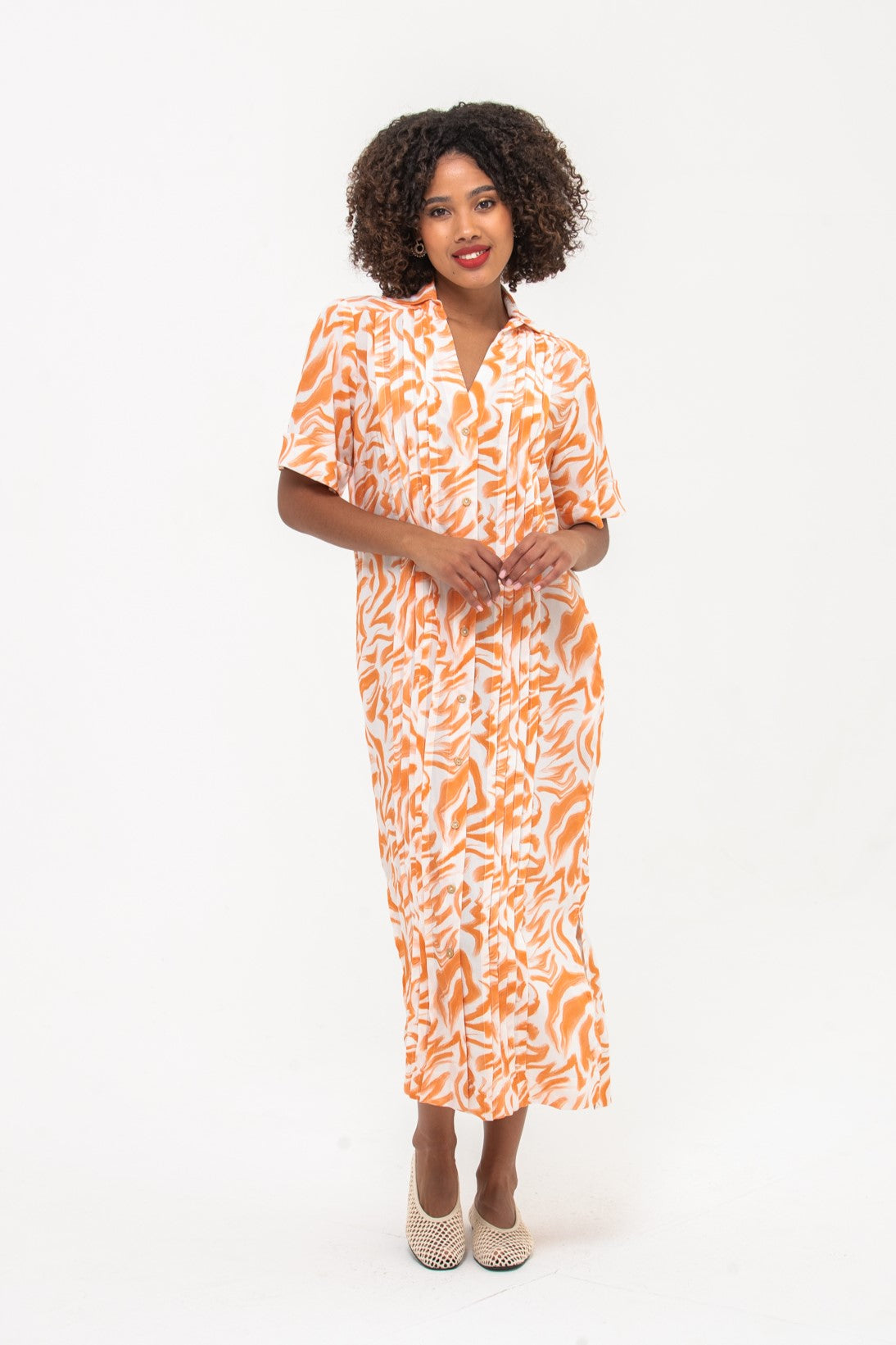 Santorini Pintuck Dress - Coral and White
