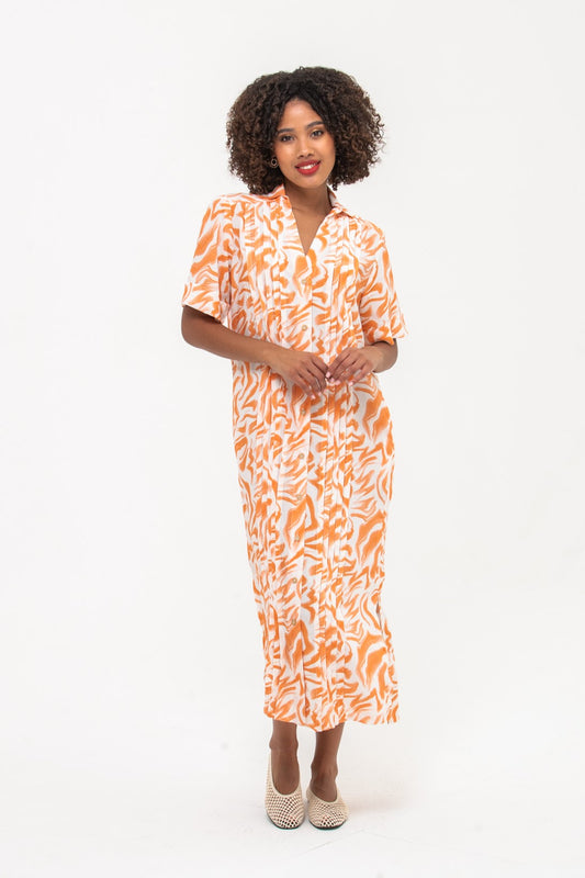 Santorini Pintuck Dress - Coral and White