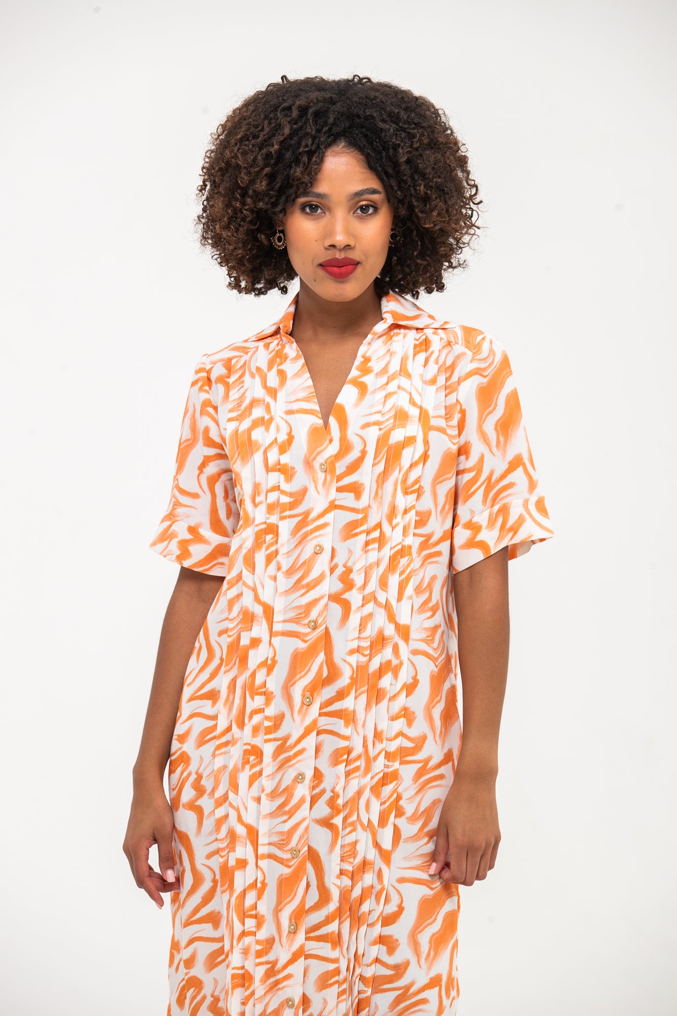 Santorini Pintuck Dress - Coral and White