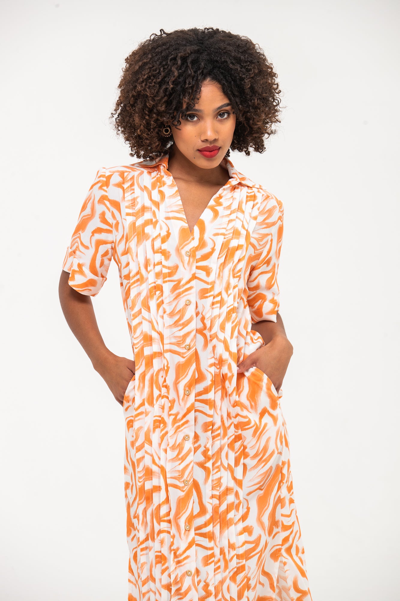 Santorini Pintuck Dress - Coral and White