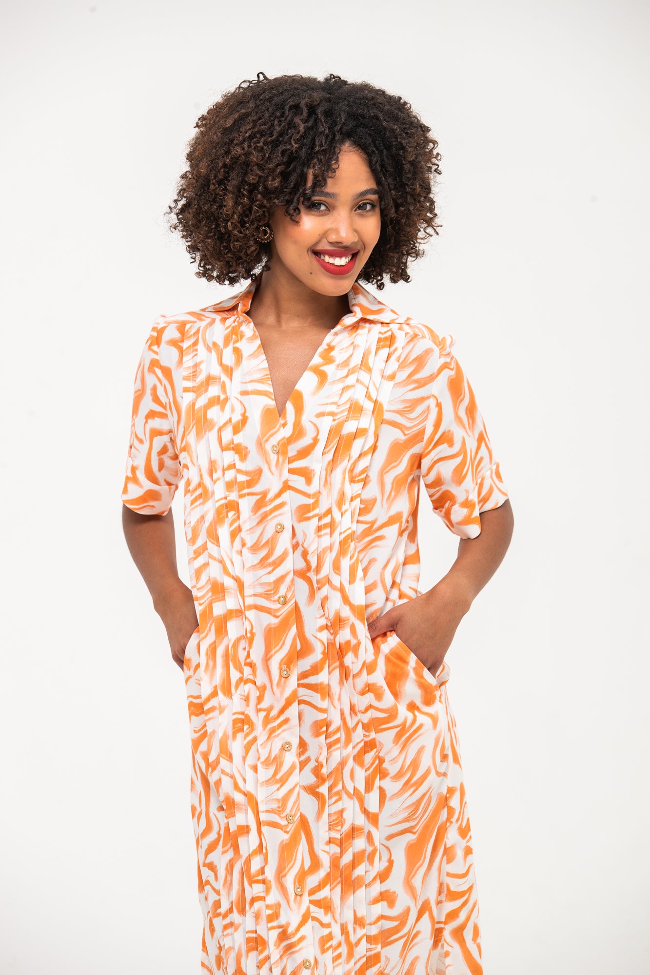 Santorini Pintuck Dress - Coral and White