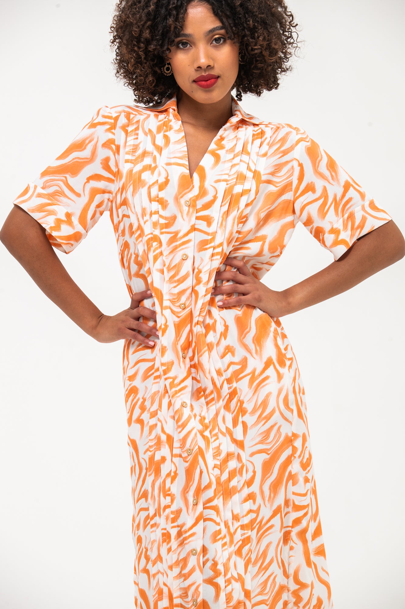 Santorini Pintuck Dress - Coral and White