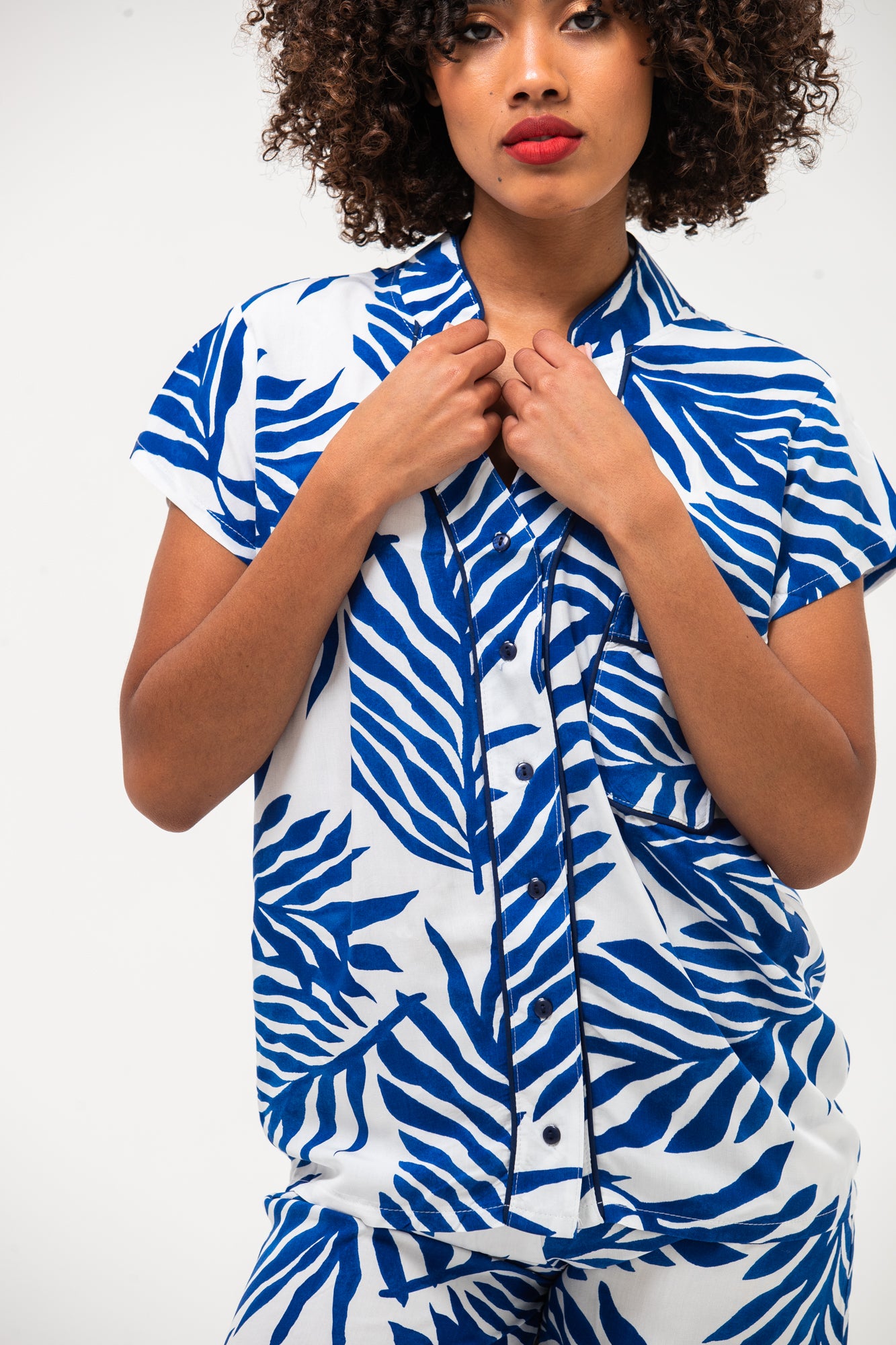 Short Mandarin Pyjama Set - Blue & White