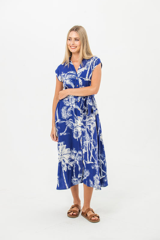 Cabo Dress - Blue and White Palms