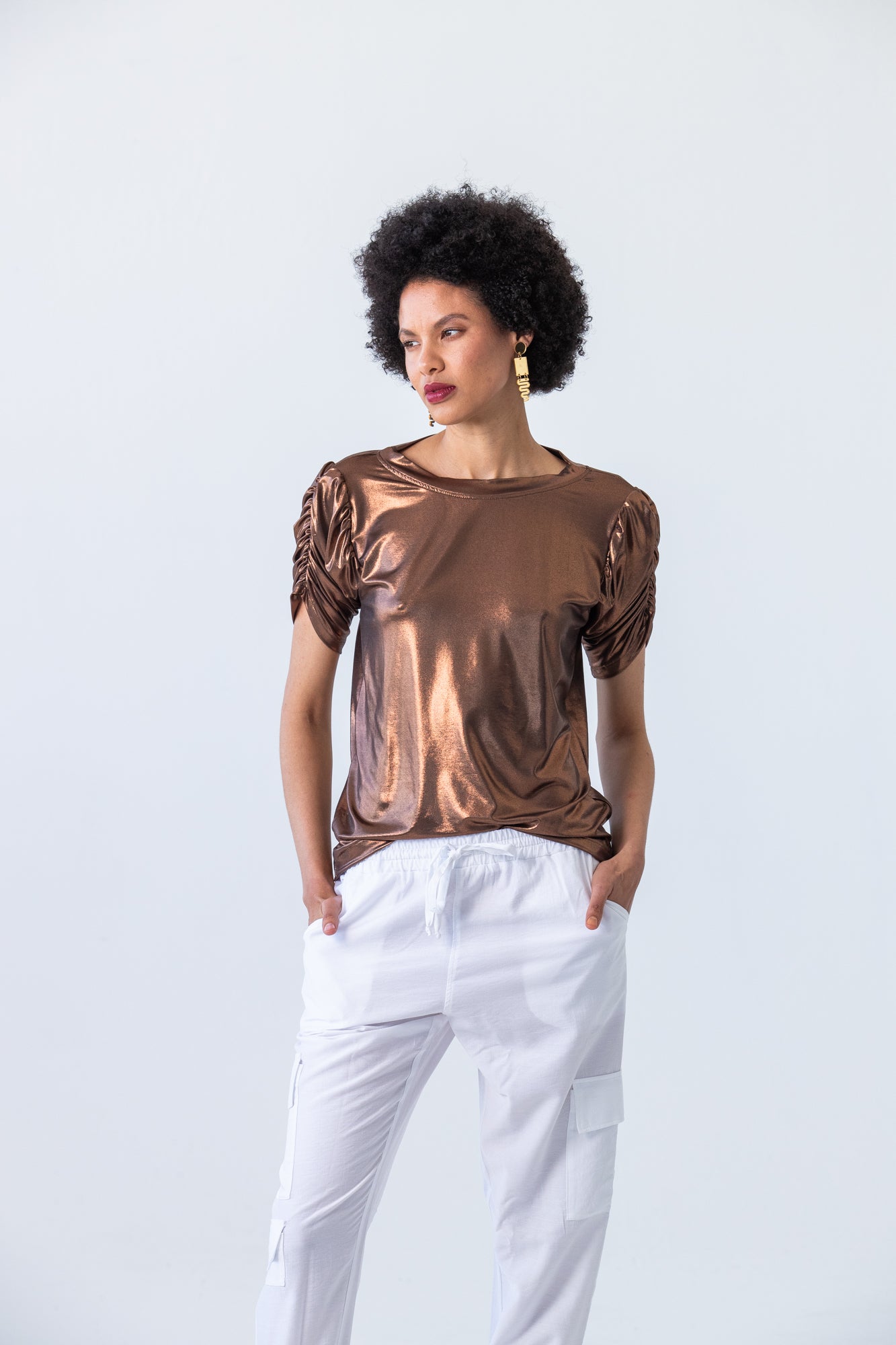 Paros Ruched Sleeve Tee - Metallic Bronze