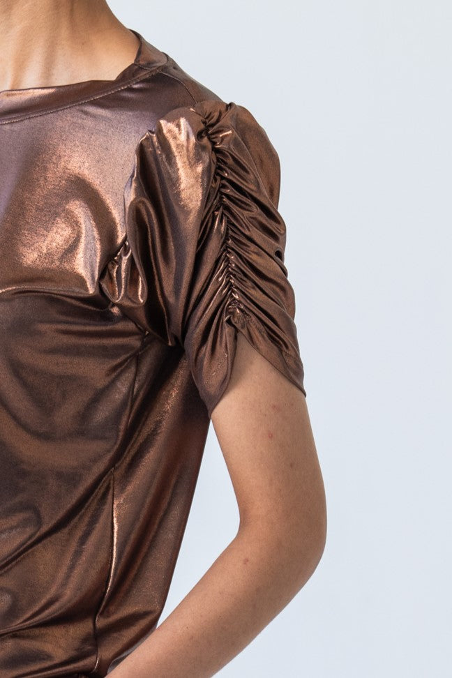 Paros Ruched Sleeve Tee - Metallic Bronze