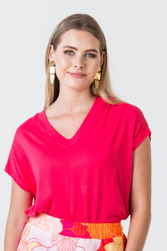 Corfu Summer V-Neck Tee - Coral