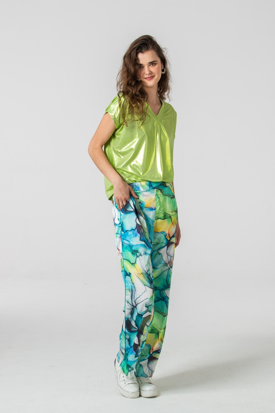 Aphrodite Wide Leg Pants - Green Swirls