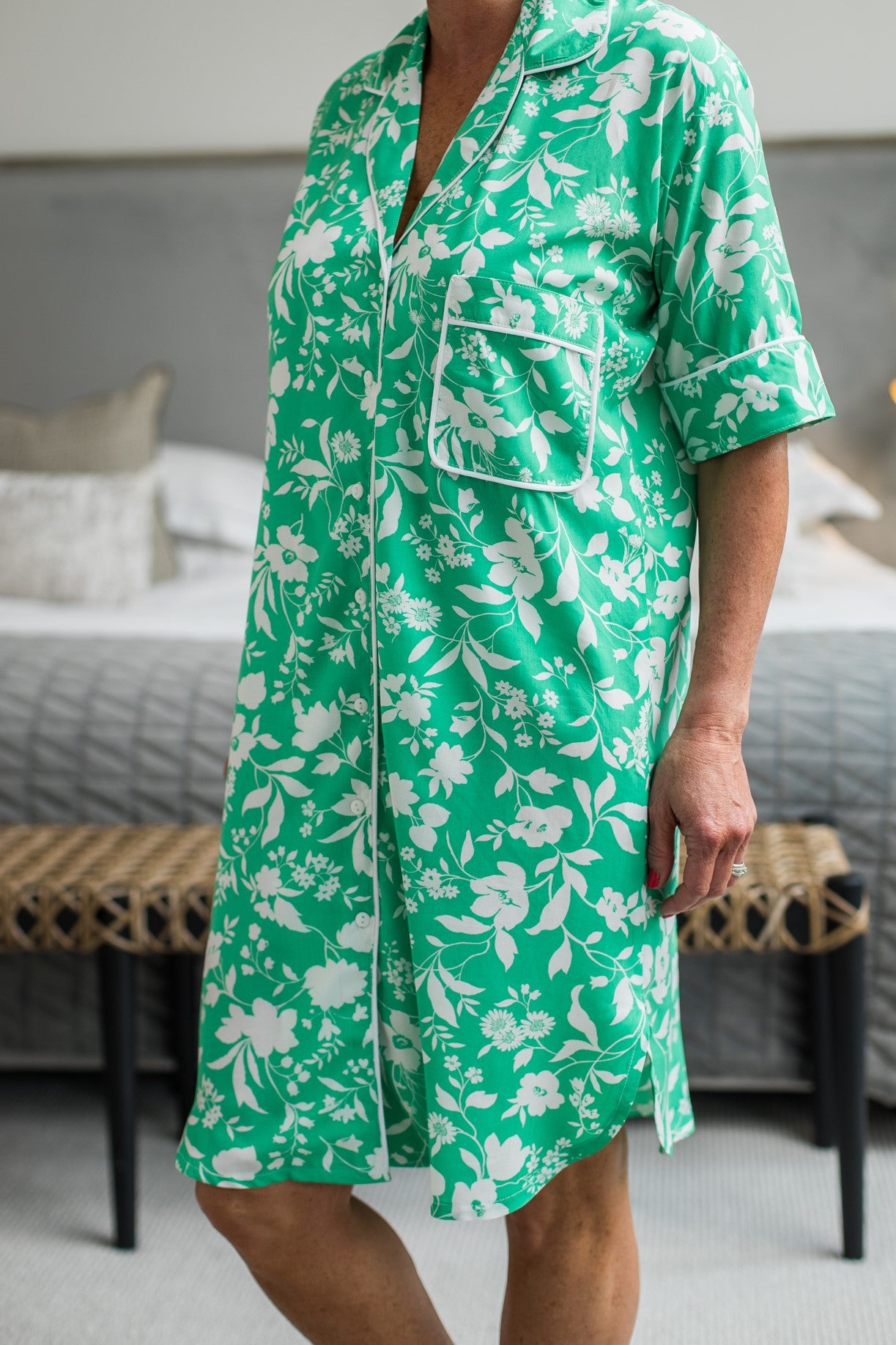 Summer Nightshirt - Green and White Floral