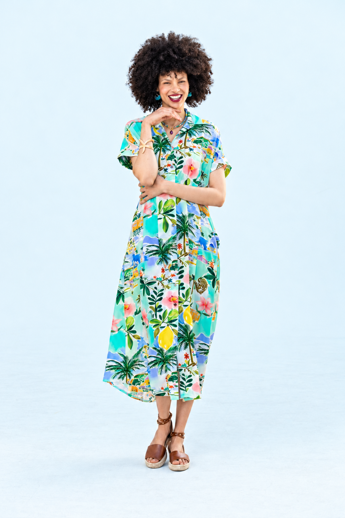 Quinn fit and flare dress in mint lemon print, front view full length with hand at chin