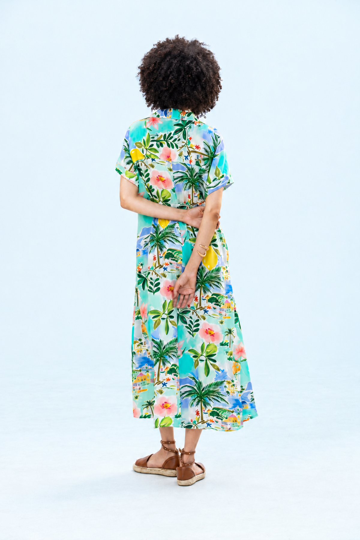 Quinn mint lemon dress, back view full length showing skirt and cap sleeves